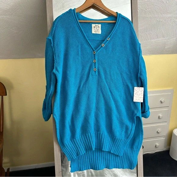 Free People Women's Firefly Knit Tunic Oversized Sweater Surf Blue XS NWT Boho - Picture 2 of 16